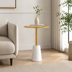 Modern Round <b>Gold</b> Metal <b>Side</b> <b>Table</b> with White Marble Pedestal Base | Luxury Accent End <b>Table</b> for Living Room, Bedroom Home Decor - Product Image 2