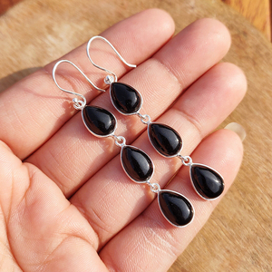 <b>Black</b> Diamond Teardrop Bezel Setting Triple Drop <b>Earrings</b> Women Handmade Silver Plated Brass Bohemian Designer Statement Gift - Product Image 4