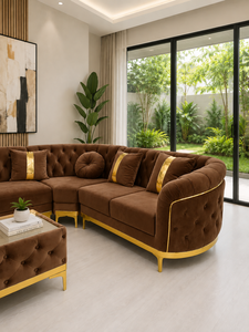 Luxury Brown Velvet <b>Curved</b> Sectional Sofa Set with <b>Coffee</b> <b>Table</b> Tufted Gold Metal Legs Living Room Decoration Contemporary Sofa - Product Image 4