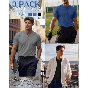 <b>Men's</b> Solid Color Short Sleeve Henley <b>T</b>-<b>Shirt</b> Regular Fit Casual Knitted Plain Dyed Top <b>V</b>-<b>Neck</b> Design - Product Image 4