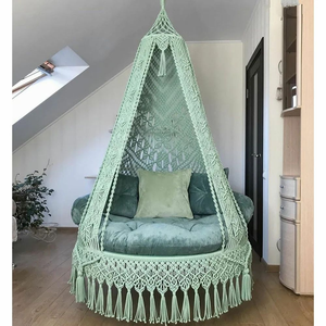 Bohemia Macram Swing <b>Chair</b> Pista Green with Cotton Rope,Velvet Cushion and Iron Frame for Indoor Outdoor Home Décor Garden Jhula - Product Image 1