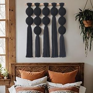 Black Macrame Wall Hanging <b>Large</b> Yarn Fiber Wall Art Geometric Aesthetic <b>Beaded</b> Tassel - Product Image 2