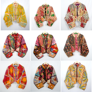 Hand Quilted <b>Mandarin</b> <b>Collar</b> Kantha Hand Block Print Indian Women's 100% Cotton All Season Coat Cotton Piping Partywear <b>Jacket</b> - Product Image 1