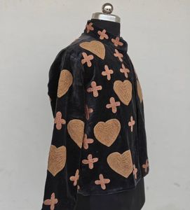 Veste matelassée en velours pour femme, col mandarin, applique cœur croisé, manches longues, fermeture éclair, manteau court d'hiver en coton - Product Image 4