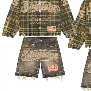 Conjunto de Dos Piezas Personalizado de Camisa a Cuadros de Algodón con Pedrería de Manga Larga y Pantalones Cortos de Mezclilla, 100% Algodón, Ropa Urbana para Hombre - Product Image 3