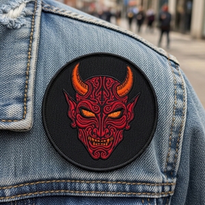 Parche Termoadhesivo Circular Rojo con Diseño de Demonio Oni Tribal, Insignia Bordada a Máquina, Aplique de Demonio Japonés para Chaqueta de Cuero de Motociclista y Ropa - Product Image 1