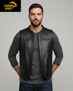 Gilet moto en cuir pour homme Champ King, col montant, couleur unie, style motard, veste d'extérieur, style automne - Product Image 4