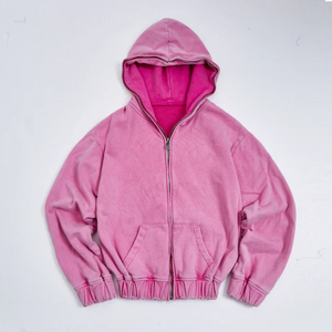 Oem New Trending Stand Collar Zip up <b>Crop</b> <b>Top</b> Jacket Custom logo Vintage Acid Wash Two Piece Shorts & Hoodie <b>Set</b> for Women - Product Image 5