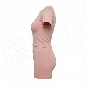 Conjunto Deportivo de 2 Piezas para Mujer, Tejido, Manga Corta, Cuello Redondo, Color Rosa Sólido, Shorts por Encima de la Rodilla, Estilo Deportivo Transpirable - Product Image 3