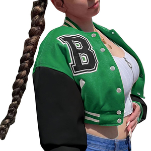 Chaqueta Varsity Verde para Mujer, Manga de Cuero PU, Color Sólido, Cuello Camisero, Corta, Estilo Universitario, Chaqueta Bomber para Otoño - Product Image 3