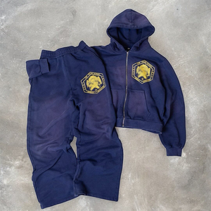 Parche con apliques personalizados DTG estampado Jogger chándales lavado ácido sol desteñido acampanado Sudadera con capucha y pantalones de chándal conjunto para hombres - Product Image 5