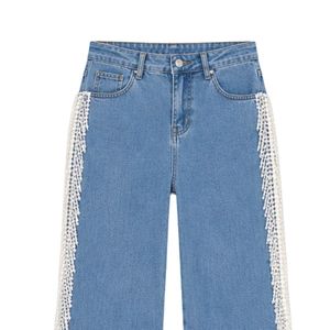 Jeans con Flecos Azules Perla para Mujer, Pantalones Vaqueros de Pierna Ancha, Pantalones Casuales a la Moda, Prendas de Vestir Urbanas Elegantes, Ropa para Uso Diario - Product Image 3