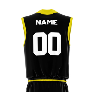 Ensemble d'uniformes de basket-ball personnalisés, maillot sans manches noir et jaune avec numéro et nom imprimés par sublimation pour adultes unisexes - Product Image 5