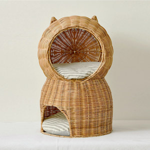 Maison pour animaux en rotin tressé à 2 niveaux avec coussin amovible, lits pour chiens et chats - Product Image 3