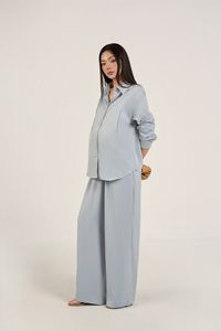 Pantalones de mujer azules de verano con cintura elástica, venta al por mayor, casuales, de ajuste holgado, de pierna ancha, lisos, de mezcla de seda, transpirables, de lana, antiarrugas - Product Image 2