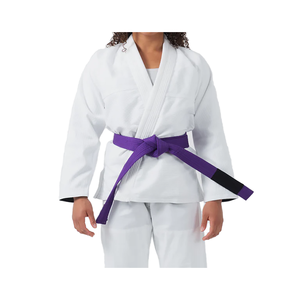 Kimono de judo blanc pour homme adulte, 100 % coton, 460 g, imprimé par transfert thermique, fusion sans couture, séchage rapide, ceinture violette, logo frontal, option personnalisée - Product Image 1