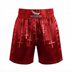 Compra al por mayor a precio de fábrica: Pantalones cortos de boxeo de tela sublimada con estampado de cruz de rosario para entrenamiento deportivo y Muay Thai - Product Image 3