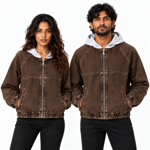 Blouson bomber unisexe en velours côtelé à capuche avec fermeture éclair, couleur unie, style décontracté, saison automne, coupe classique, doublure en coton - Product Image 3