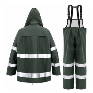 Ensemble de vêtements de pluie imperméables réfléchissants pour hommes et femmes, avec capuche, veste de pluie en PVC, pantalon à bretelles, vêtements de travail pour la pêche, vêtements de sécurité - Product Image 1