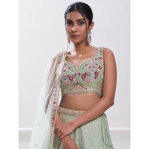 Elegante Pista Verde Lentejuelas Georgette Novio Desgaste Elegante Recepción Lehenga Choli - Product Image 3