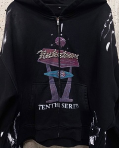 New Design Glitter Print Rhinestone Hooded Sweatshirts Front and <b>Back</b> Printed Distressed <b>Dropped</b> Shoulders Streetwear Hoodie - Product Image 3