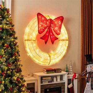 Ghirlanda Natalizia di Lusso Pre-Illuminata da 48 Pollici con 200 Luci LED Bianco Caldo e Rosse, Fiocco Grande in PVC Resistente alle Intemperie (29x30 Pollici), IP44 per Interni/Esterni - Product Image 1