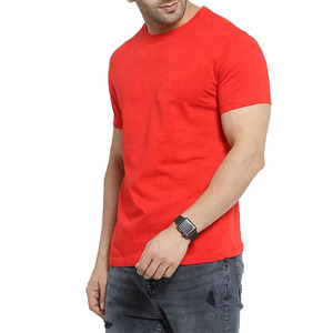 เสื้อยืดคอกลมแขนสั้นผู้ชายสีแดงทรงปกติผ้าฝ้ายลำลองสีพื้นเสื้อเบสิค - Product Image 5