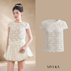 เสื้อผู้หญิงสีขาวลายดอกไม้ลูกไม้แขนสั้นคอโอซีเชียร์เลเยอร์ขอบหยักหวานวินเทจฤดูใบไม้ผลิฤดูร้อนท็อป ELARA - Product Image 1