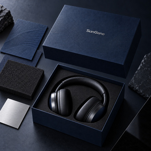 Boîte d'emballage rigide SunGene Deep Ink Silver Foil Lift-Off pour casque audio avec plateau personnalisé pour présentation au détail de casques supra-auriculaires - Product Image 6