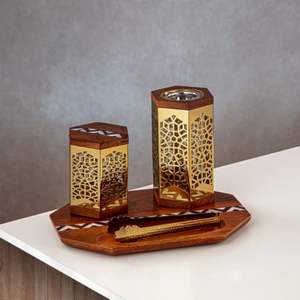 Elegante Juego de Decoración para el Hogar de Estilo Oriental, Mubkhar de Metal Dorado Cortado con Láser y Cuaderno de Cuero Azul Marino Premium, Juego de Quemador de Incienso para Oficina - Product Image 4