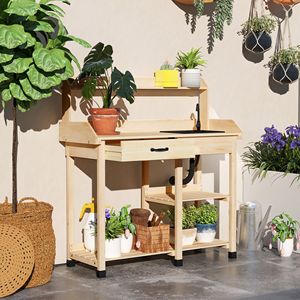 Tavolo da Giardino per Giardinaggio con Lavello Rimovibile, Rubinetto, Cassetti, Ripiani e Ganci - Stazione di Lavoro in Legno Naturale - Product Image 2