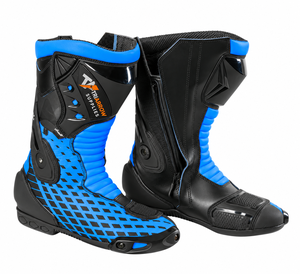 Bottes de moto de course personnalisées en cuir bleu et noir, mi-mollet, à enfiler, imperméables, antidérapantes, avec soutien de la cheville et protection - Product Image 2