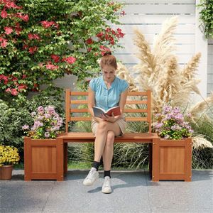Garden Bench Planter Boxes Durable Hardwood Outdoor Benches with Faux Trees & Potted Plants Enhances Aesthetic Appeal - Product Image 1