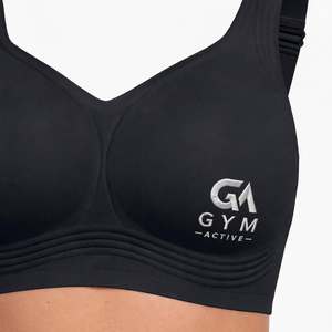 GYM ACTIVE Black V-Neck Sports Bra Front Logo Support Sports Bra Strappy Back Seamless Workout Fitness Workout Top Racerback - Product Image 3