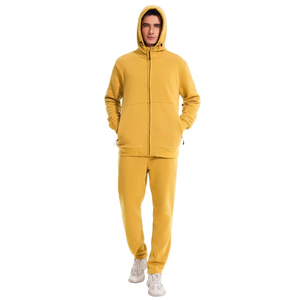 Ensemble de survêtement sportif jaune à capuche pour homme, fermeture éclair intégrale, couleur unie, séchage rapide, décontracté, automne, polyester, sweat-shirt et pantalon, coupe classique - Product Image 1
