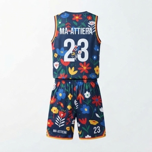 Ensemble short et maillot de basket floral bleu marine pour homme, sans manches, col en V, imprimé intégral, uniforme de sport personnalisé - Product Image 3