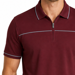 Polo à col zippé pour homme de qualité supérieure, sweat-shirt sport, bordeaux, gris, avec bordures contrastées, manches courtes, chemise classique - Product Image 3