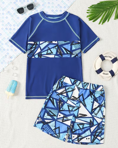 Boys Blue Geometric Print Swim Set Short Sleeve Top and Shorts Casual Summer Outfit - Product Image 1