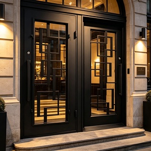 Porte d'entrée contemporaine en fer forgé avec un panneau en verre géométrique, construction résistante à la rouille et assemblage facile. - Product Image 3