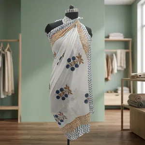 White Blue Floral Hand Block Printed Cotton Sarong Scarf with Mustard Border Lightweight <b>Beach</b> <b>Wrap</b> Stole for Women - Product Image 4