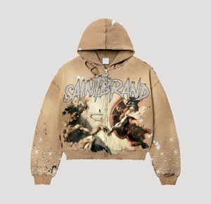 Sudadera con capucha con cremallera de forro polar grueso, estilo vintage lavado, con estampado gráfico Saintbrand, pedrería, Y2K, oversize, venta al por mayor del fabricante - Product Image 4