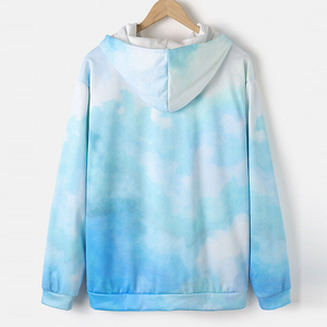 Sweat-shirt à capuche oversize pour homme, imprimé tie-dye dégradé bleu et blanc, pull décontracté respirant en polyester tricoté, idéal pour le printemps - Product Image 2