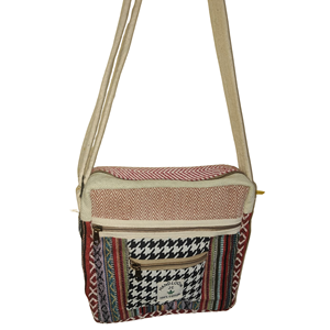 Bolso bandolera tejido con paneles textiles geométricos, bolsillo frontal con cremallera y correa ajustable para bolsos de mano para mujer - Product Image 1