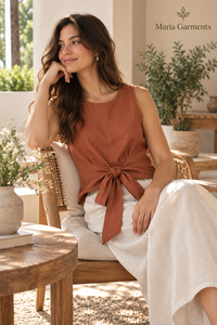 <b>Women's</b> Dusty Rose <b>Linen</b>/Cotton Blouse Sleeveless Crop Elastic Waist Belt Front Loose Elegant Casual Summer Vacation Resort Wear - Product Image 5