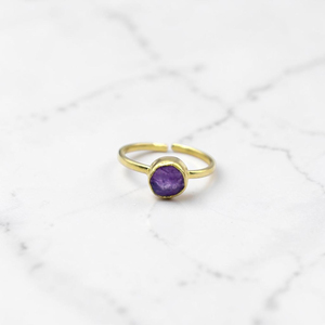 Handmade Raw Amethyst Brass <b>Ring</b> Natural Rough Stone <b>Adjustable</b> Band Minimalist Boho All Birthstone Jewelry for Women - Product Image 1