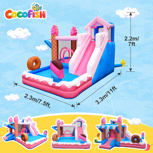 Château gonflable COCOFISH sur le thème de la crème glacée, <span class=keywords><strong>avec</strong></span> toboggan et <span class=keywords><strong>piscine</strong></span> à balles, <span class=keywords><strong>pour</strong></span> enfants, idéal <span class=keywords><strong>pour</strong></span> les fêtes en extérieur et la <span class=keywords><strong>location</strong></span> d'équipements de jeu. - Product Image 2