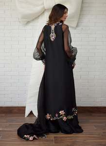 Caftán Negro con Bordado Floral para Mujer, Abaya Larga con Mangas de Malla, Vestido para el Festival Eid Al Fitr - Product Image 4