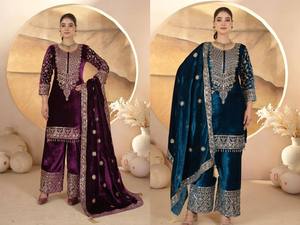 Ensemble pakistanais en velours turquoise brodé en micro-coton avec dupatta et pantalon, tenue de fête traditionnelle, infroissable et extensible - Product Image 2