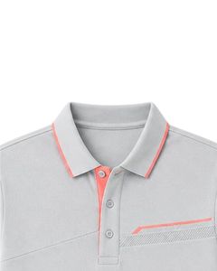 Polo personalizado para hombre en gris claro y rosa coral, manga corta, informal, para golf, transpirable, de poliéster premium para verano. - Product Image 6