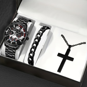 Relojes de pulsera de acero inoxidable para hombre NW1501, estilo ejecutivo, con calendario y collar con colgante de cruz plateada. - Product Image 3